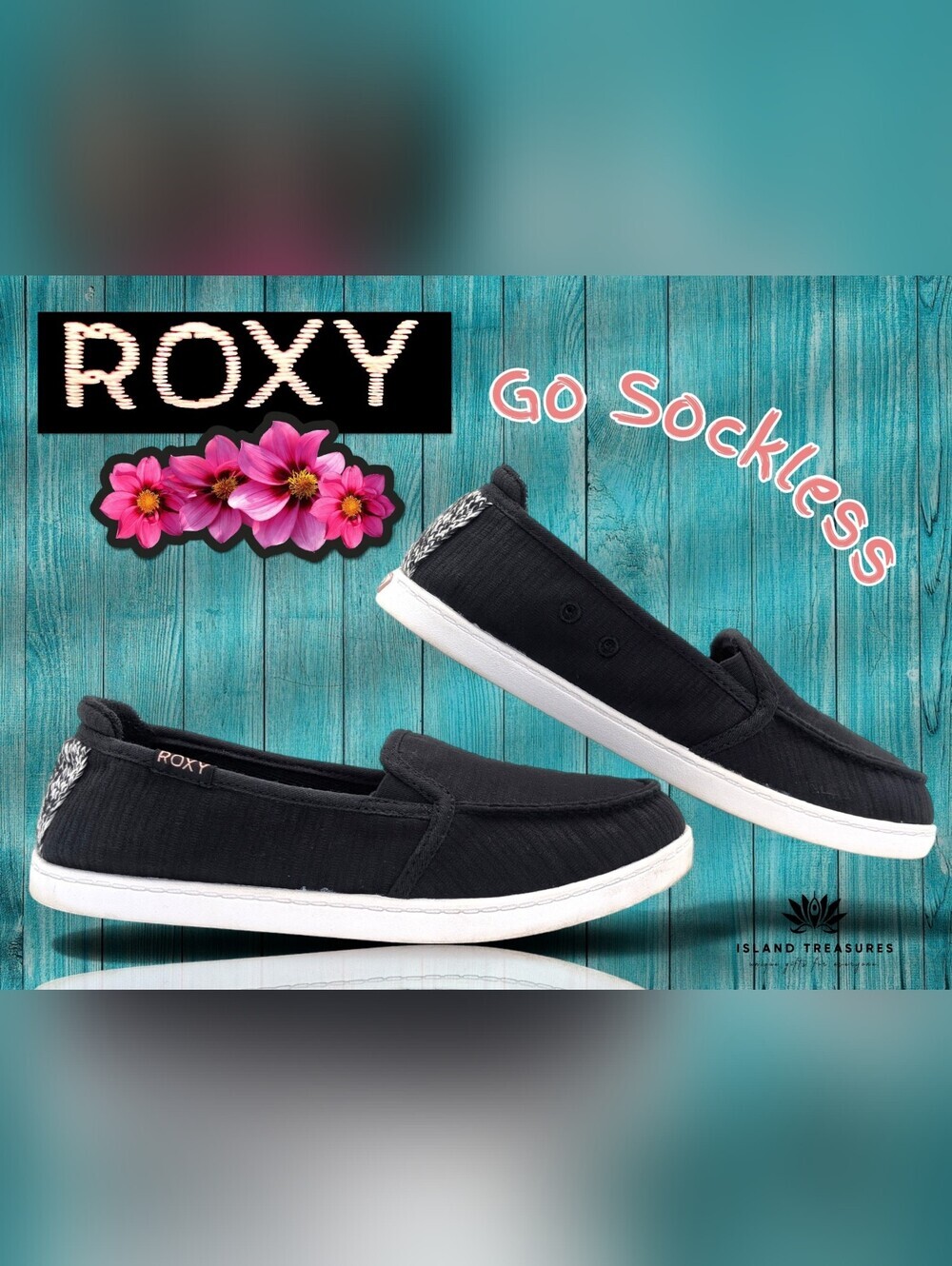Roxy Minnow Sz 5 Women's Black/White Canvas & Herringbone Knit Slip-On Loafers